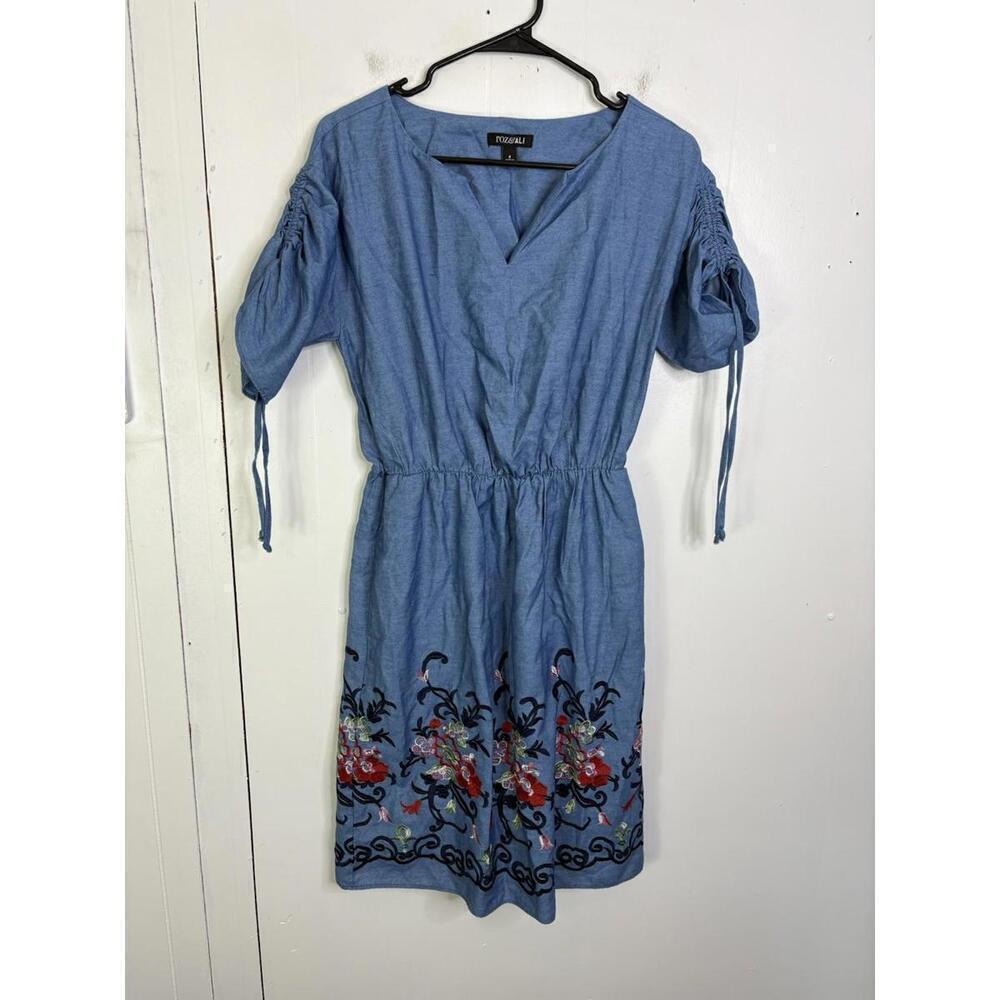 Roz Ali Dress Womens 8 Boho Floral Embroidered Ruched Sleeves Country Casual
